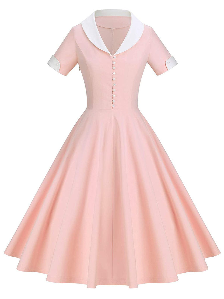 Pink 1950s Solid Button Swing Dress ...